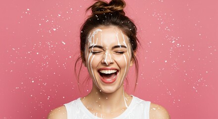 Joyful Woman with Milk Splashing on Face Fun Skincare Photo