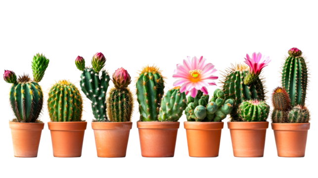 Row of potted cacti with flowers, cut out transparent - Powered by Adobe