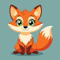 Obraz premium A cheerful cartoon fox with bright orange fur and large expressive eyes sits in green grass, exuding playfulness in a vibrant and animated style.