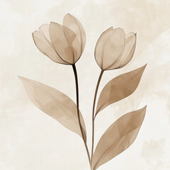 Elegant minimalistic abstract art of tulips and a lily, flowing clean lines, muted beige and sand hues, subtle textures, designed for modern and sophisticated interiors. 