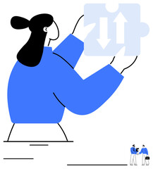 Woman holding puzzle piece with up and down arrows, symbolizing solutions, decisions, strategy. Ideal for teamwork, business, problem-solving, leadership, innovation planning flat simple metaphor