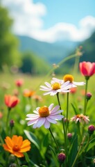Fototapeta premium Wildflowers swaying gently in a spring breeze, wildflowers, scenery