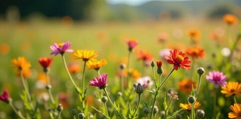 Wildflowers blooming in a field with a plowed background, flowers, natural light, wildflower