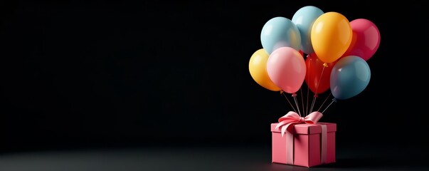 Vibrant balloon bouquet and wrapped gift box isolated on black background, occasion, balloon bouquet