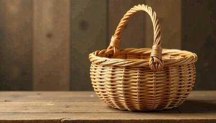 Wicker round bamboo basket isolated on a wooden table background, woven, wicker