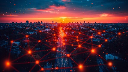 Fototapeta premium Aerial view of a city at sunset, interconnected by a network