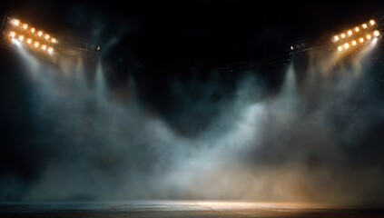 Obraz premium A smoky stadium or arena illuminated by bright, dramatic spotlights against a dark background.