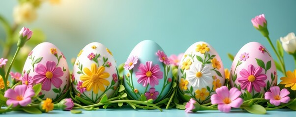 Vibrant Easter eggs decorated with flowers and pastel colors, congratulatory, flowers