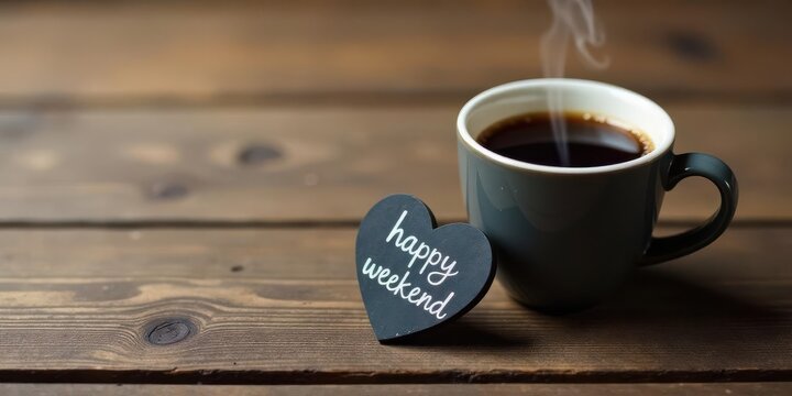A steaming cup of coffee sits on a wooden surface, next to a small heart-shaped sign that says happy weekend.