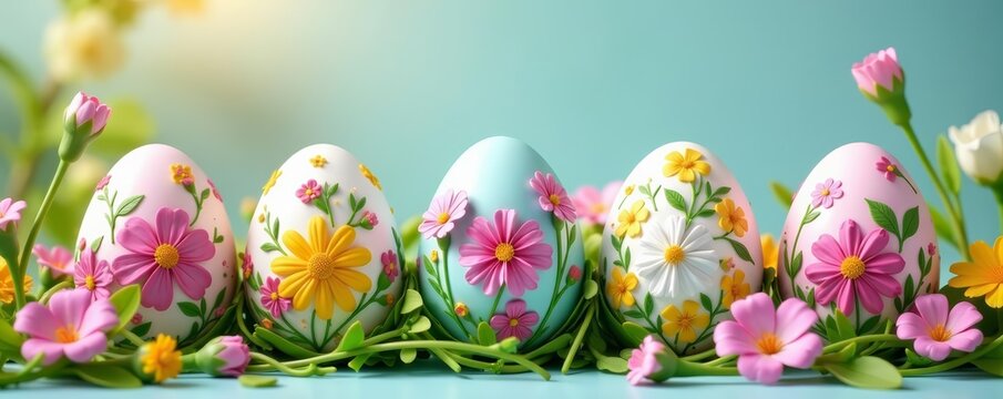 Vibrant Easter eggs decorated with flowers and pastel colors, congratulatory, flowers - Powered by Adobe