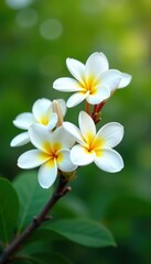 Fototapeta premium White frangipani flowers in full bloom on a tree branch, flowerpower, tree branch