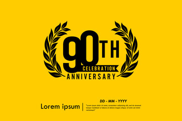 90th years anniversary celebration emblem. anniversary logo isolated with laurel wreath and ribbon on yellow background. vector illustration template design for web, flyers, poster, greeting card