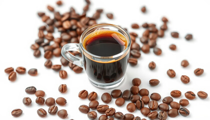 Espresso in Clear Glass Surrounded by Coffee Beans