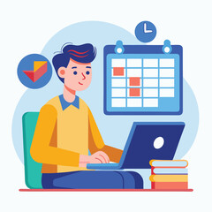 Fototapeta premium Young man with computer fills schedule calendar vector 