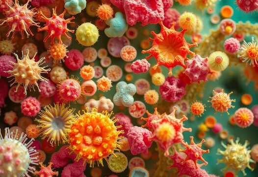 Vibrant microscopic view of diverse bacteria, showcasing intricate shapes and textures, biology, close up