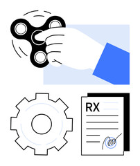 Hand spinning fidget spinner for stress relief, gear icon symbolizing process, signed RX document for solutions. Ideal for focus, mindfulness, productivity, workflow, problem-solving, health-related