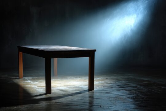 Wooden table in dark room. Spotlight