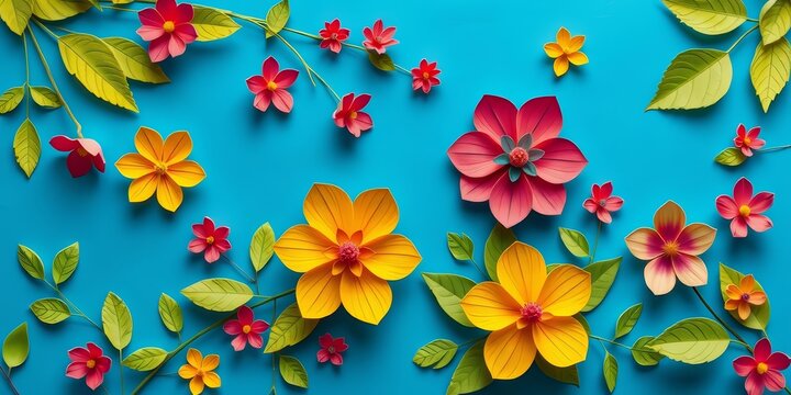 Vibrant paper cut flowers, leaves, blue backdrop, DIY, origami