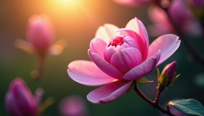 Obraz premium Softly glowing rose violet magnolia blooms in sunlight, blooming, flower, color