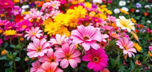 Vibrant, professionally designed flower bed overflowing with blooms, plants, summer