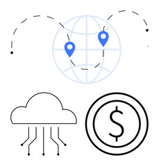 Globe with location markers, connected cloud with data lines, and currency icon showcasing global networking, technology, and finance. Ideal for business, fintech, logistics, innovation technology