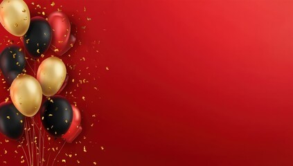Gold, black, and red balloons with confetti on a vibrant red background, creating a festive and celebratory atmosphere.