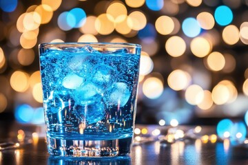 A Refreshing Blue Cocktail Shimmers in the Ambient Glow of Celebration Lights