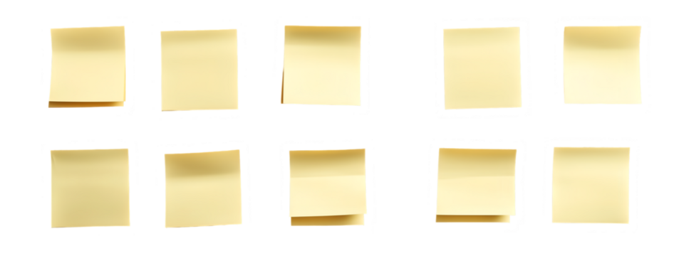 Yellow Memo Notes Array: A visually appealing arrangement of sticky notes, presented in a clean, top-down perspective. Each note showcases a warm, inviting hue.