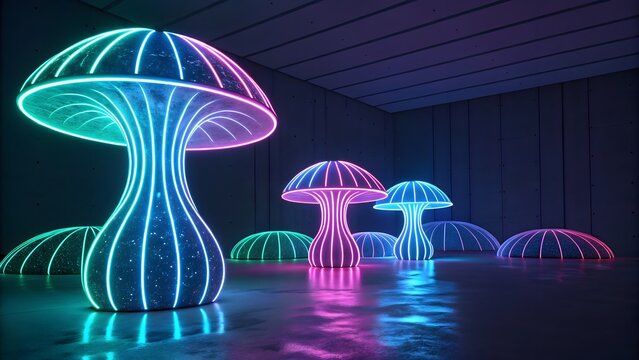 A dynamic composition of futuristic 3D abstract shapes illuminated by vibrant neon lighting. Perfect for themes involving technology, innovation, and modern aesthetics.