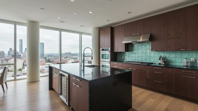 Modern kitchen interior in a contemporary house features wood cabinets, a sink by the window, and a table on the floor