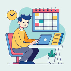 Young man with computer fills schedule calendar vector 