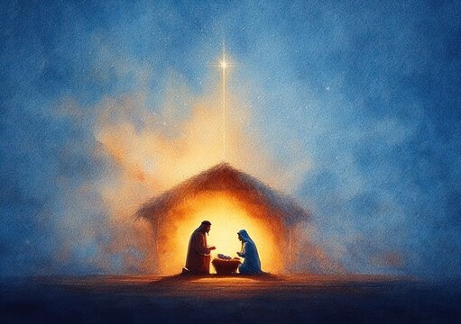 Peaceful nativity scene with two figures kneeling by a baby in a manger inside a glowing stable under a bright star in a dark, misty night