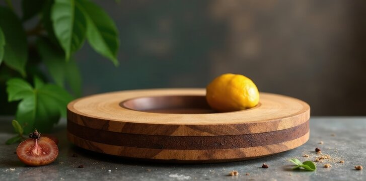 Plataforma de madera con bandeja y puchero en centro, mesa, cer?mica