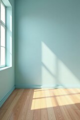 Fototapeta premium Serene Empty Room with Sunlight Streaming Through Window, Light Wood Floor, and Pale Green Walls, Ready for Interior Design Concepts