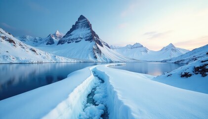 Obraz premium Icy and snowy path along mountain peak with frozen lake, frozen, landscape