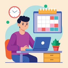 Young man with computer fills schedule calendar vector 