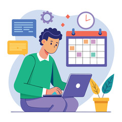 Young man with computer fills schedule calendar vector 