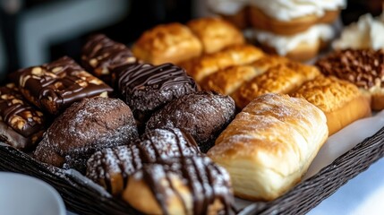 Assorted baked goods display.  A variety of pastries, including chocolate-covered, powdered, and filled treats, are arranged on a dark-colored tray