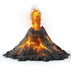 Fiery Volcano Eruption with Glowing Lava and Dark Ash on White Background