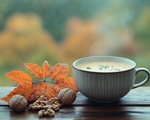Steaming soup, autumn leaves, walnuts