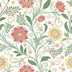 A seamless tile of organic, hand-drawn floral patterns, showcasing intricate botanical illustrations. Suitable for textile designs, wallpapers, and nature-inspired projects.