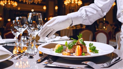 Professional waiter in white gloves presenting a refined dish of perfectly seared meat and vibrant vegetables on a crisp white tablecloth under warm restaurant lighting