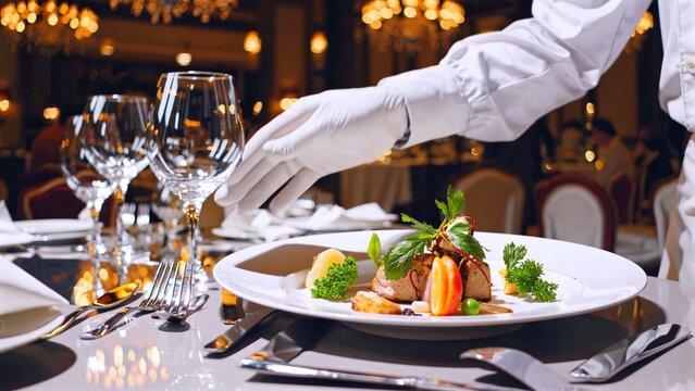 Professional waiter in white gloves presenting a refined dish of perfectly seared meat and vibrant vegetables on a crisp white tablecloth under warm restaurant lighting