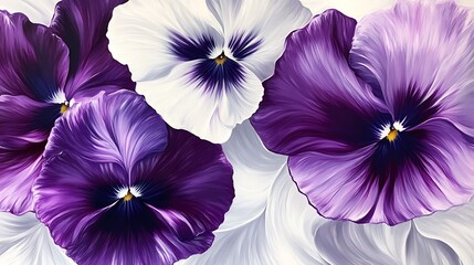 Detailed painting of purple and white pansies with visible brushstrokes and vibrant color palette