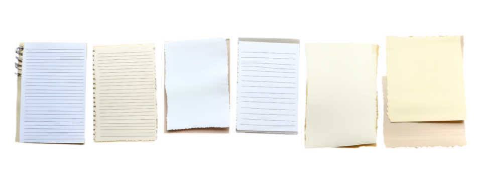 Blank Canvas of Ideas: An assortment of various paper textures including lined, dotted, and plain papers, suggesting endless possibilities for expression, planning.