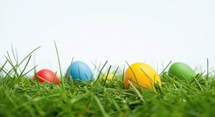 Fototapeta premium Easter Eggs in Grass on White Background. Colorful Holiday Eggs in Natural Setting