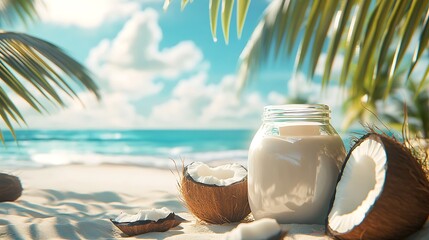 Coconuts and coconut milk jar on a sandy beach with palm trees and ocean backdrop in bright sunlight