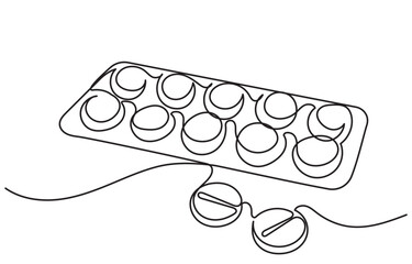 Continuous line drawing of medicine.Isometric single-line drawing of capsules and pills, including painkillers, antibiotics, vitamins, and aspirin in a modern minimal style.