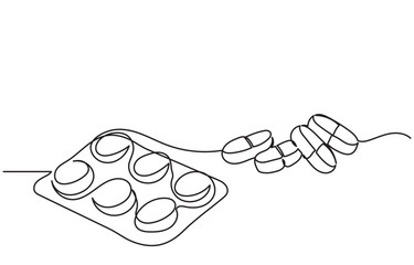 Continuous line drawing of medicine.Isometric single-line drawing of capsules and pills, including painkillers, antibiotics, vitamins, and aspirin in a modern minimal style.