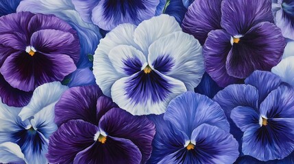 Close up view of purple and white pansy flowers in full bloom creating a colorful floral arrangement